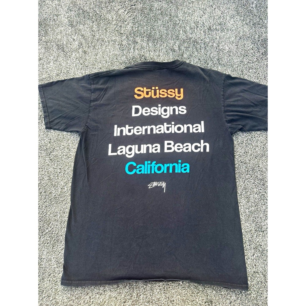 Stussy California T Shirt Mens L Black Laguna Beach Back Print Faded Graphic Tee